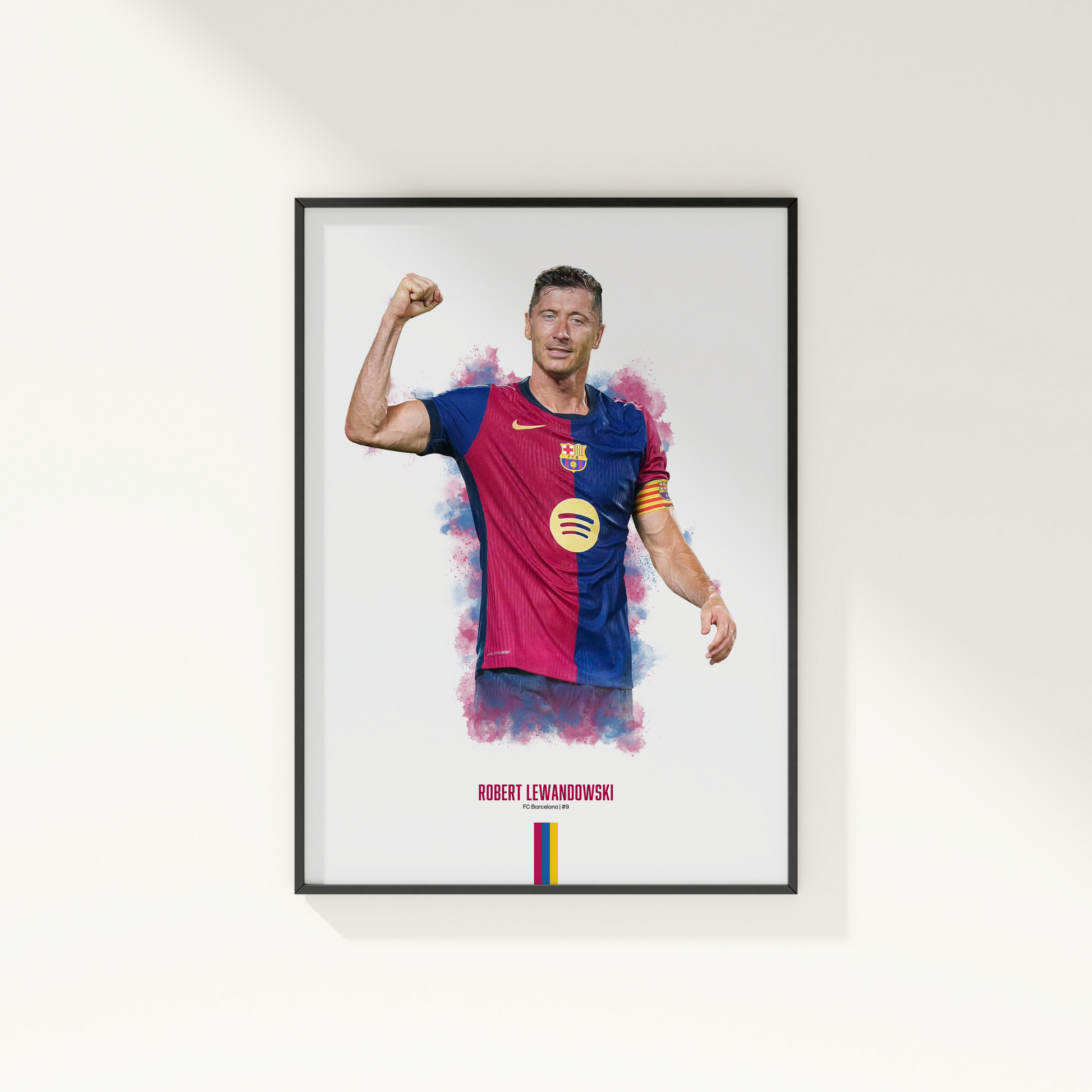 framed poster mockup of soccer player robert lewandowski hanging on a white wall