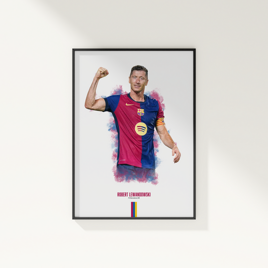 framed poster mockup of soccer player robert lewandowski hanging on a white wall