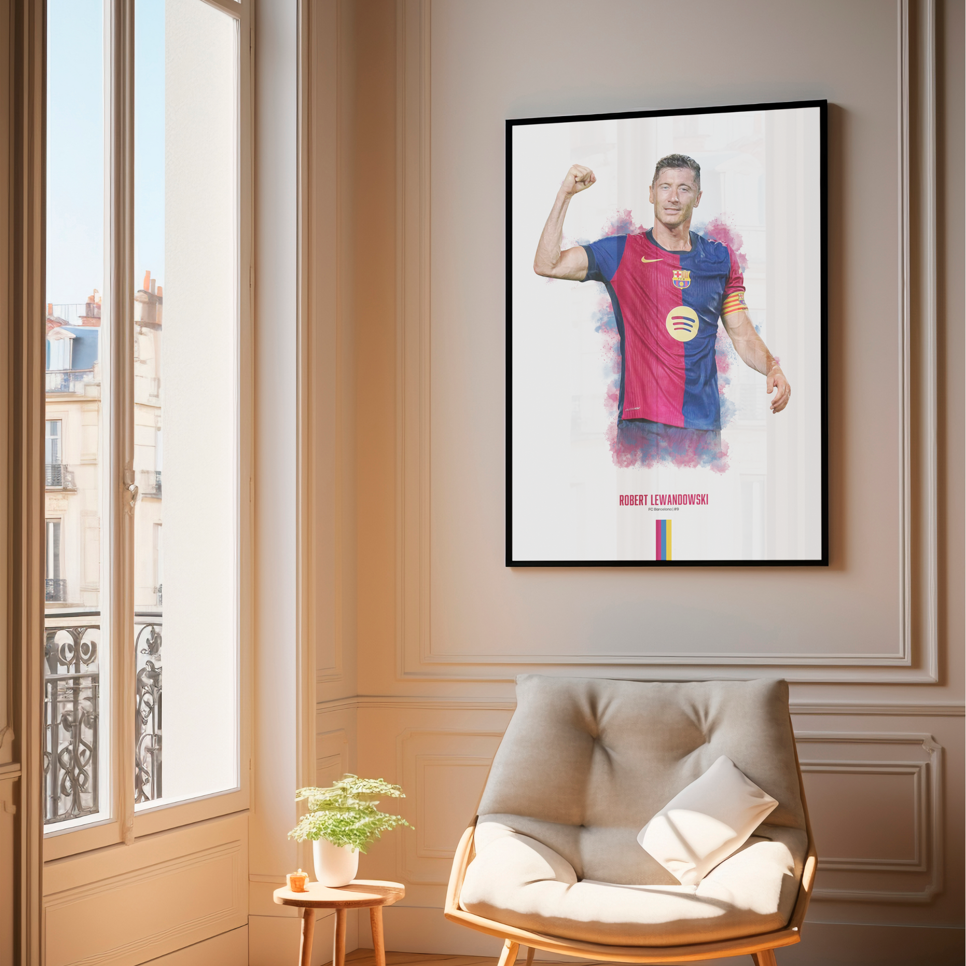 framed poster mockup of soccer player robert lewandowski hanging in a living room