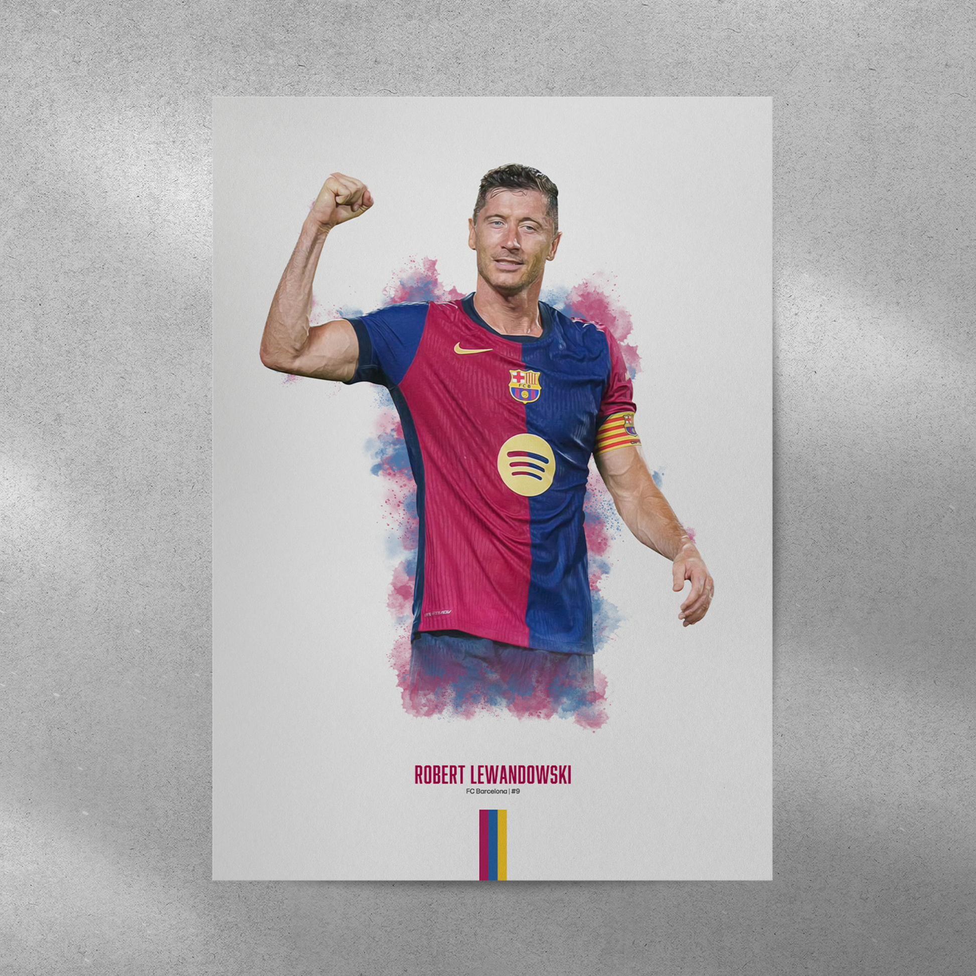 poster mockup of soccer player robert lewandowski on a grey wall