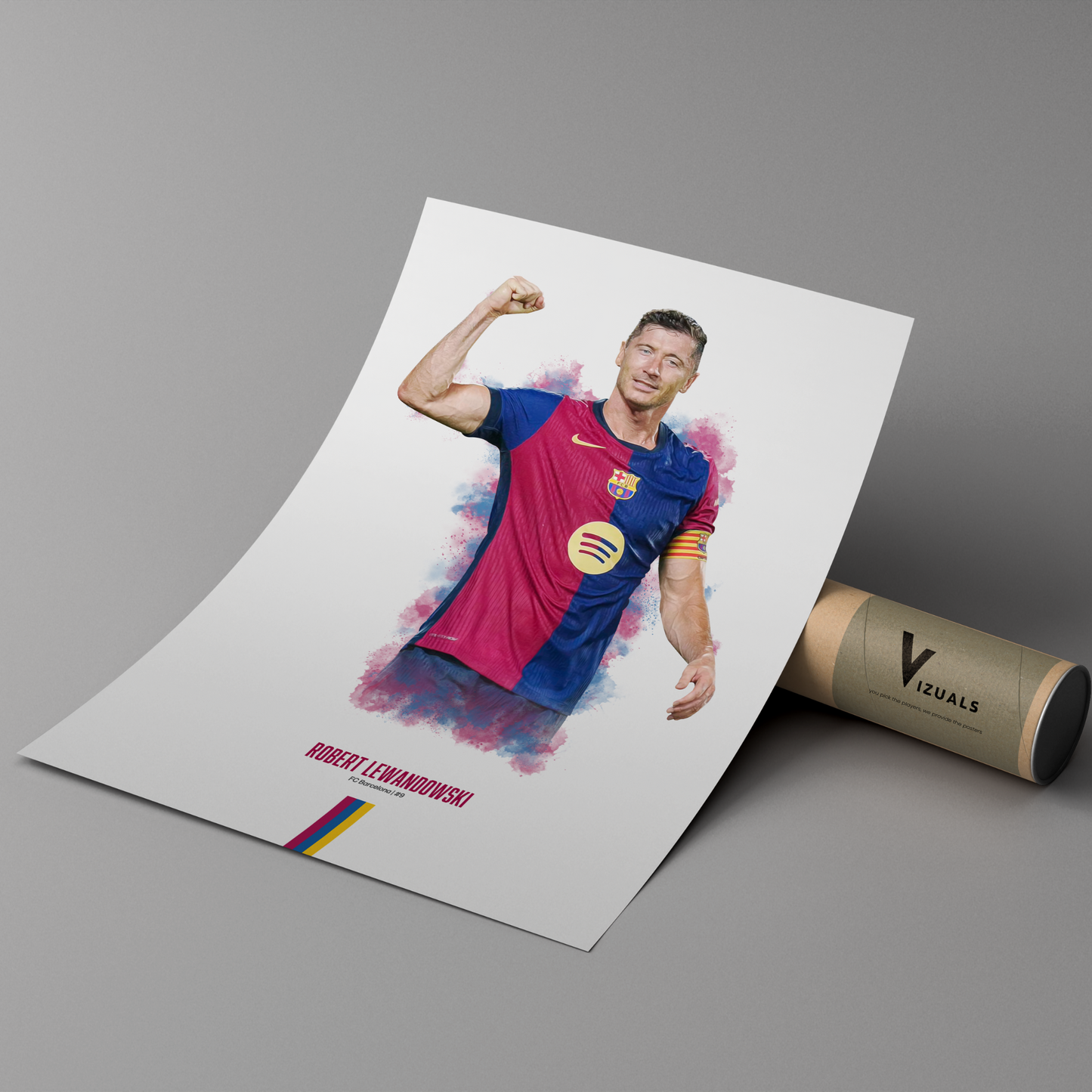 poster mockup of soccer player robert lewandowski leaning on a cardboard tube