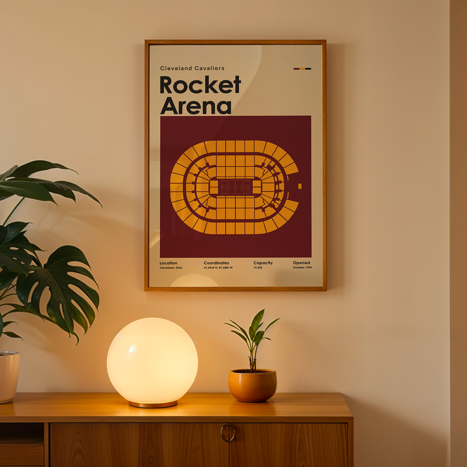 Poster of Rocket Arena on a wall above a wooden cabinet with decorative items.