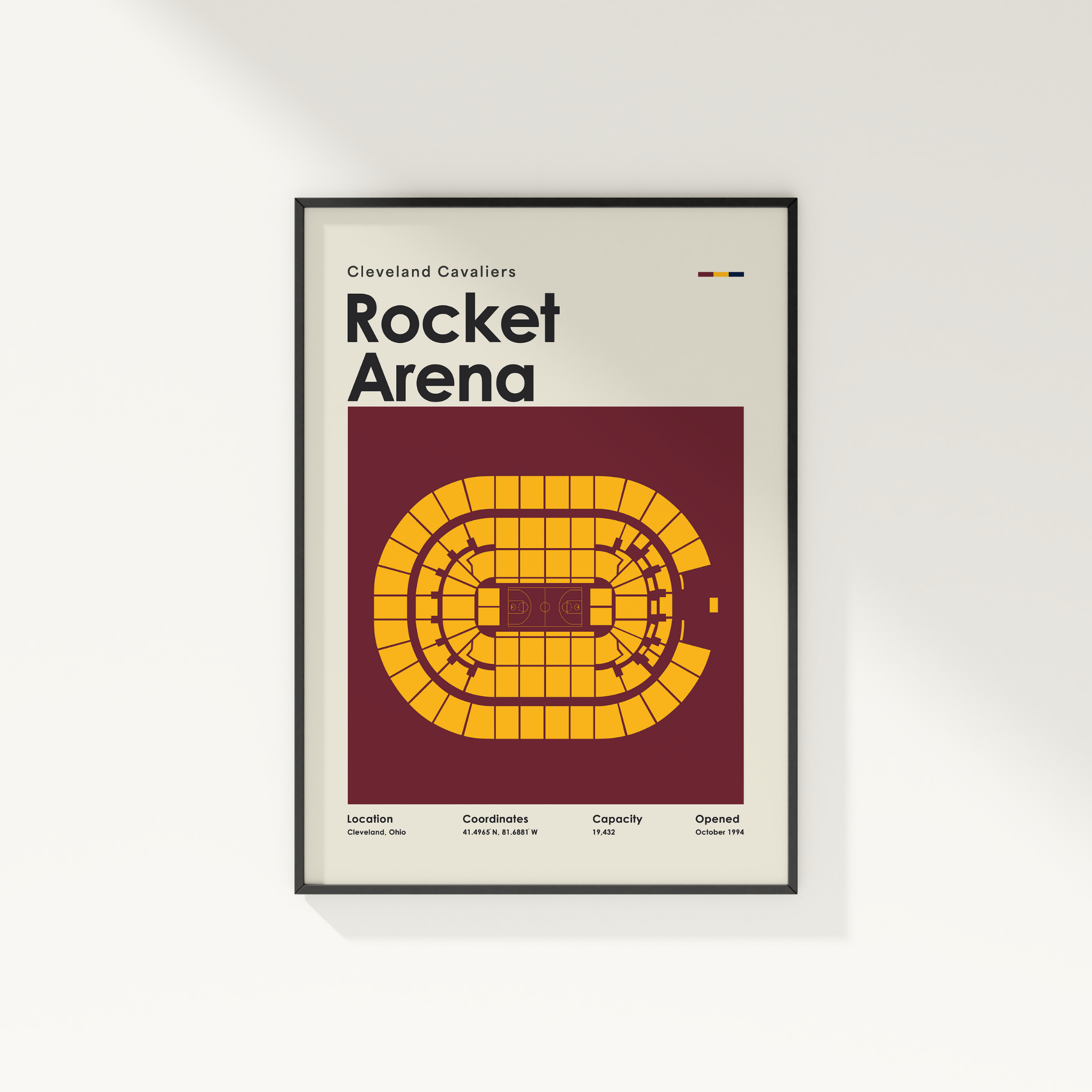 Framed poster of Rocket Arena with Cleveland Cavaliers text on a white wall.