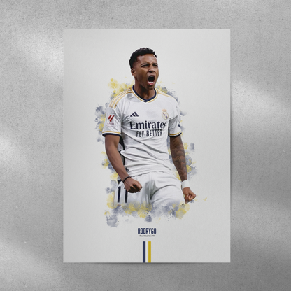 poster mockup of soccer player rodrygo on a grey wall