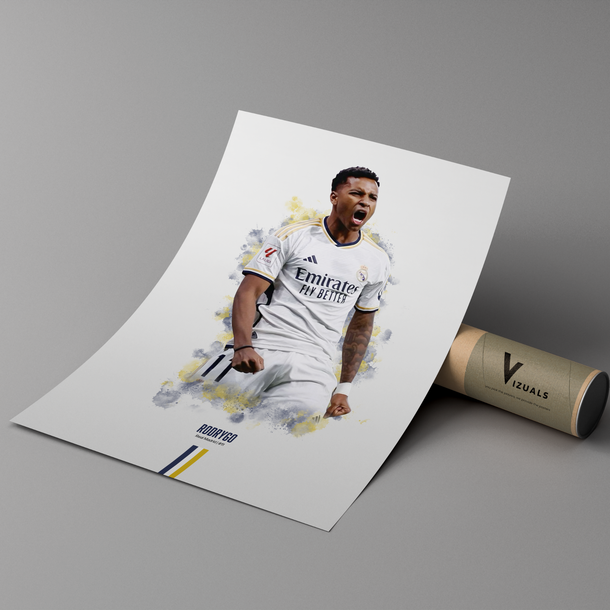 poster mockup of soccer player rodrygo leaning on a cardboard tube