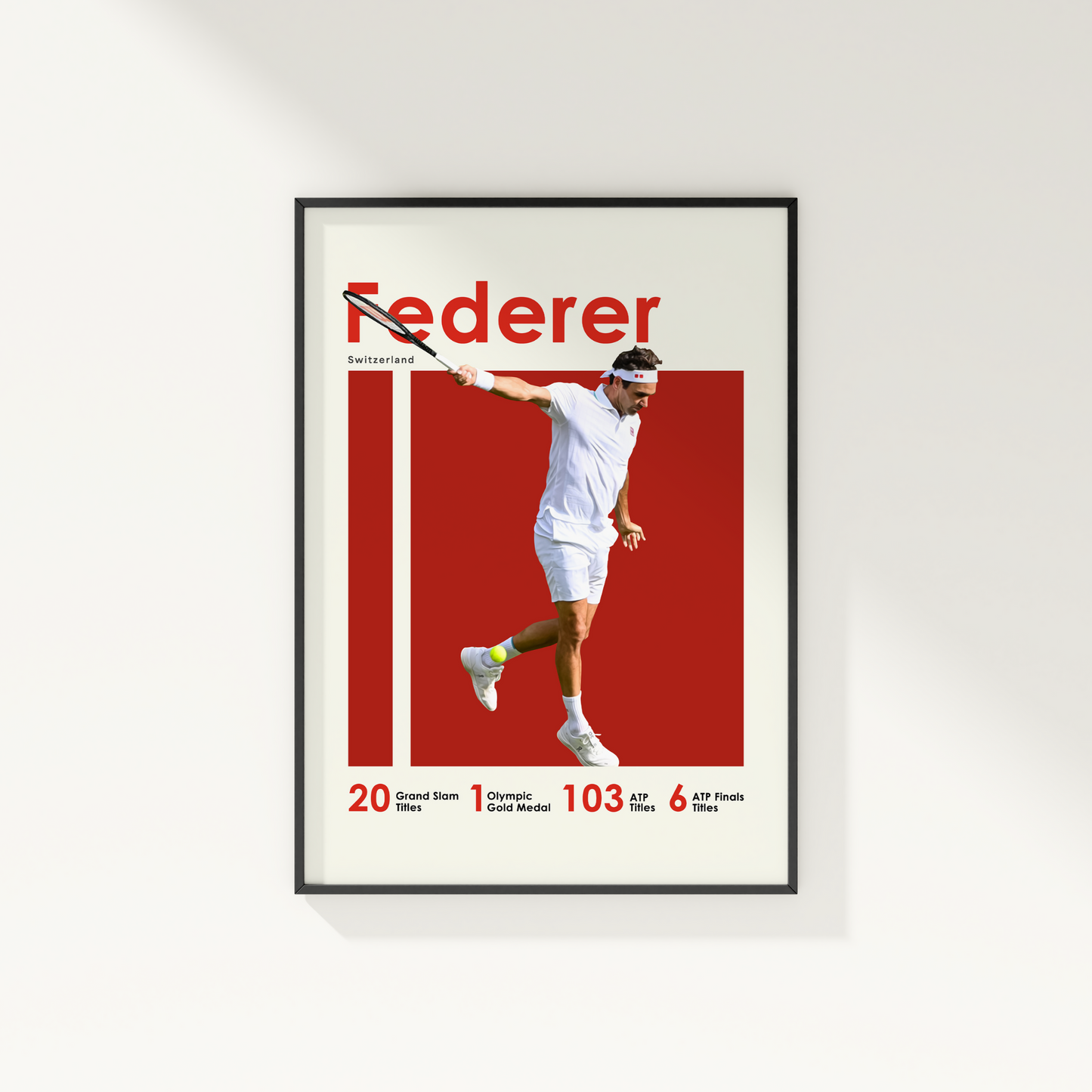 framed poster mockup of tennis player roger federer hanging on a white wall