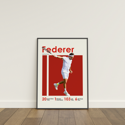 framed poster mockup of tennis player roger federer leaning on a white wall