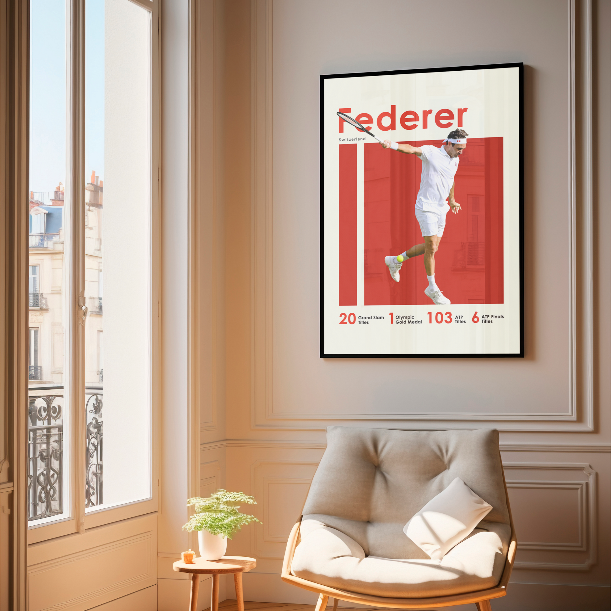 framed poster mockup of tennis player roger federer hanging in a living room