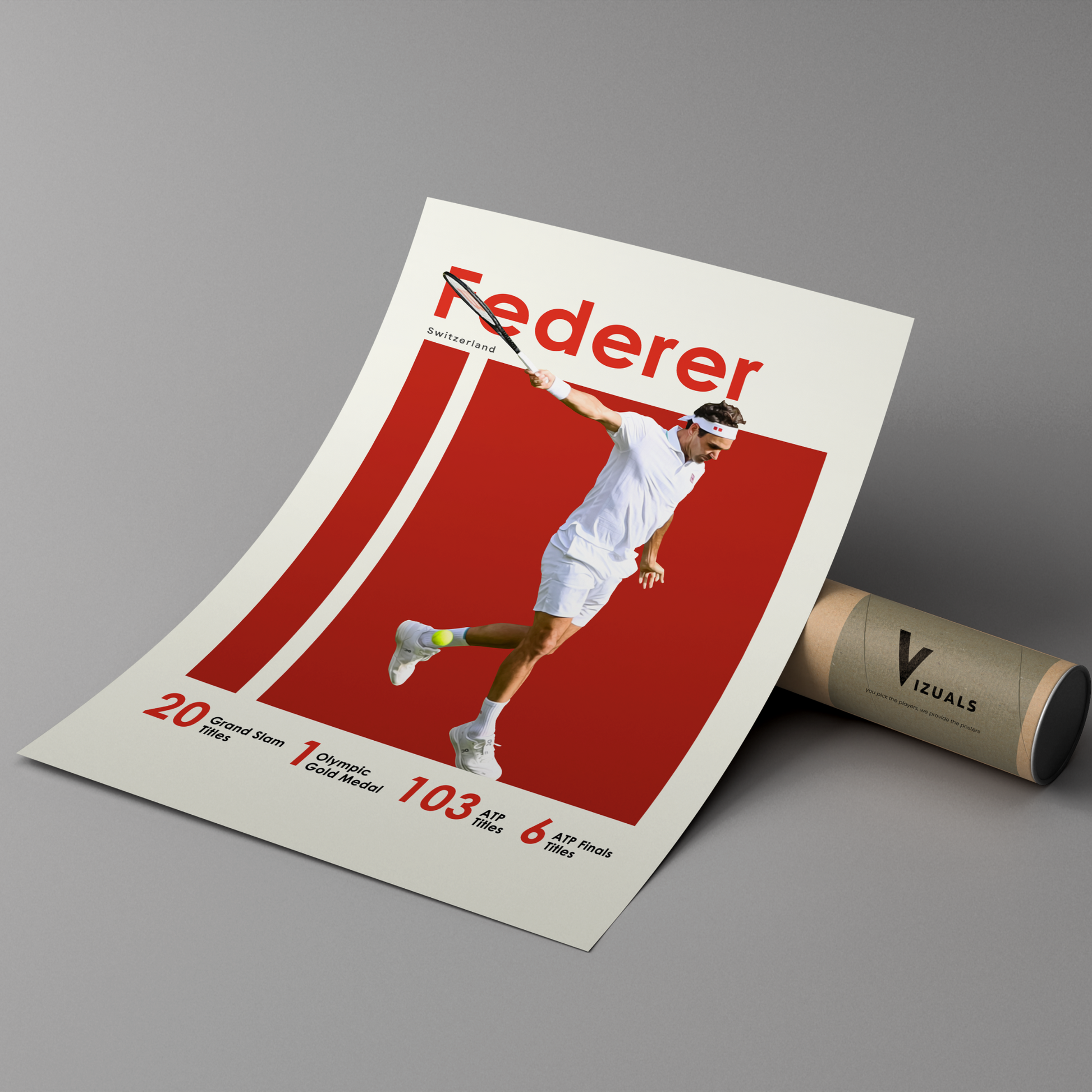 poster mockup of tennis player roger federer leaning on a cardboard tube