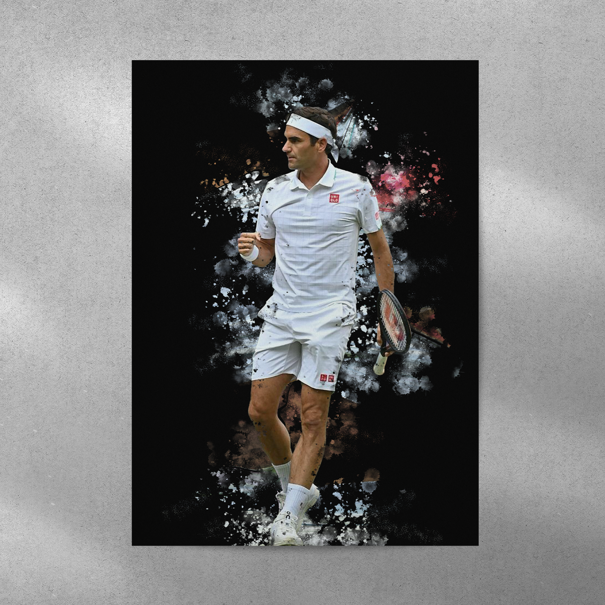 poster mockup of tennis player roger federer on a grey wall