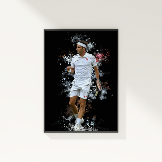 framed poster mockup of tennis player roger federer hanging on a white wall