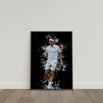 framed poster mockup of tennis player roger federer leaning on a white wall