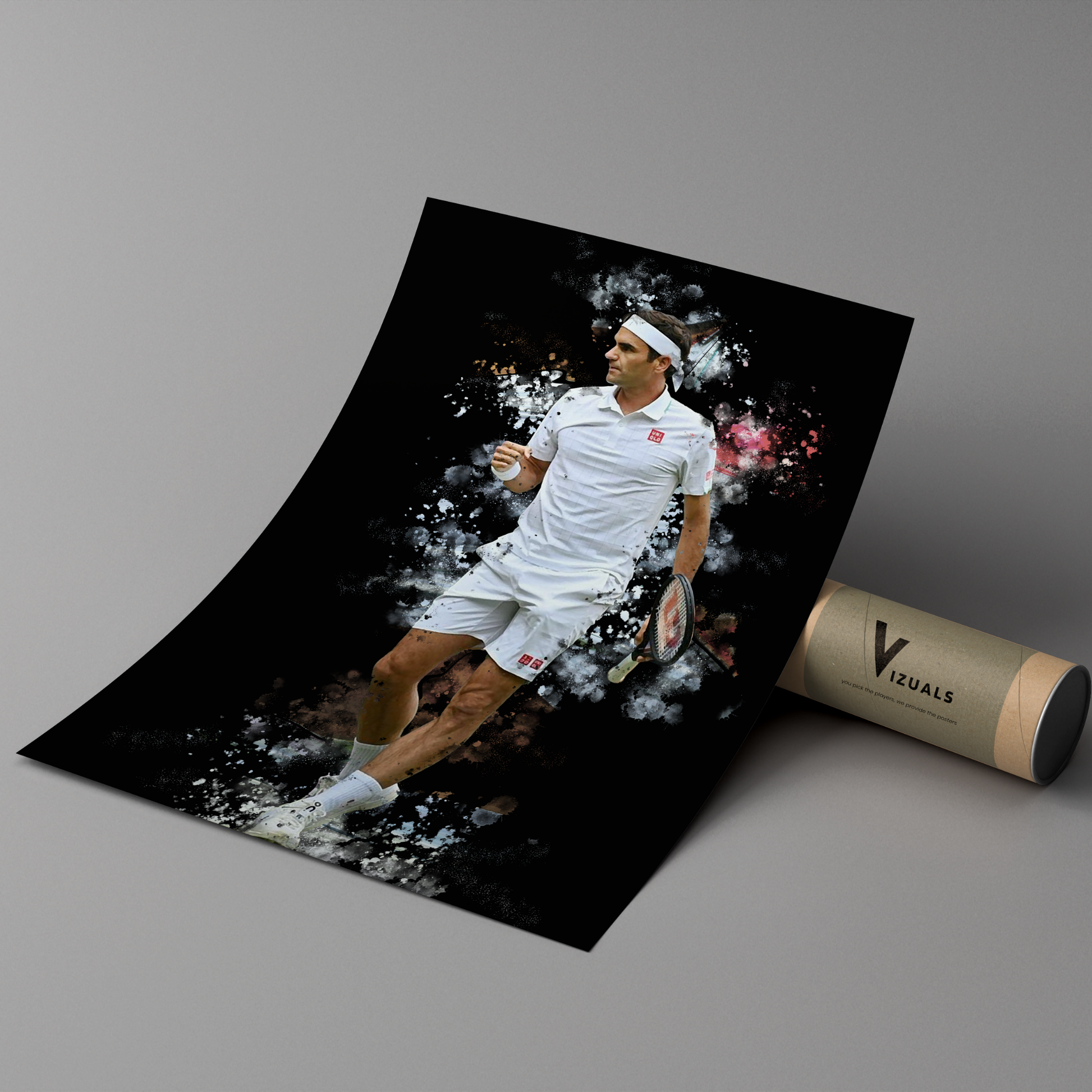 poster mockup of tennis player roger federer leaning on a cardboard tube