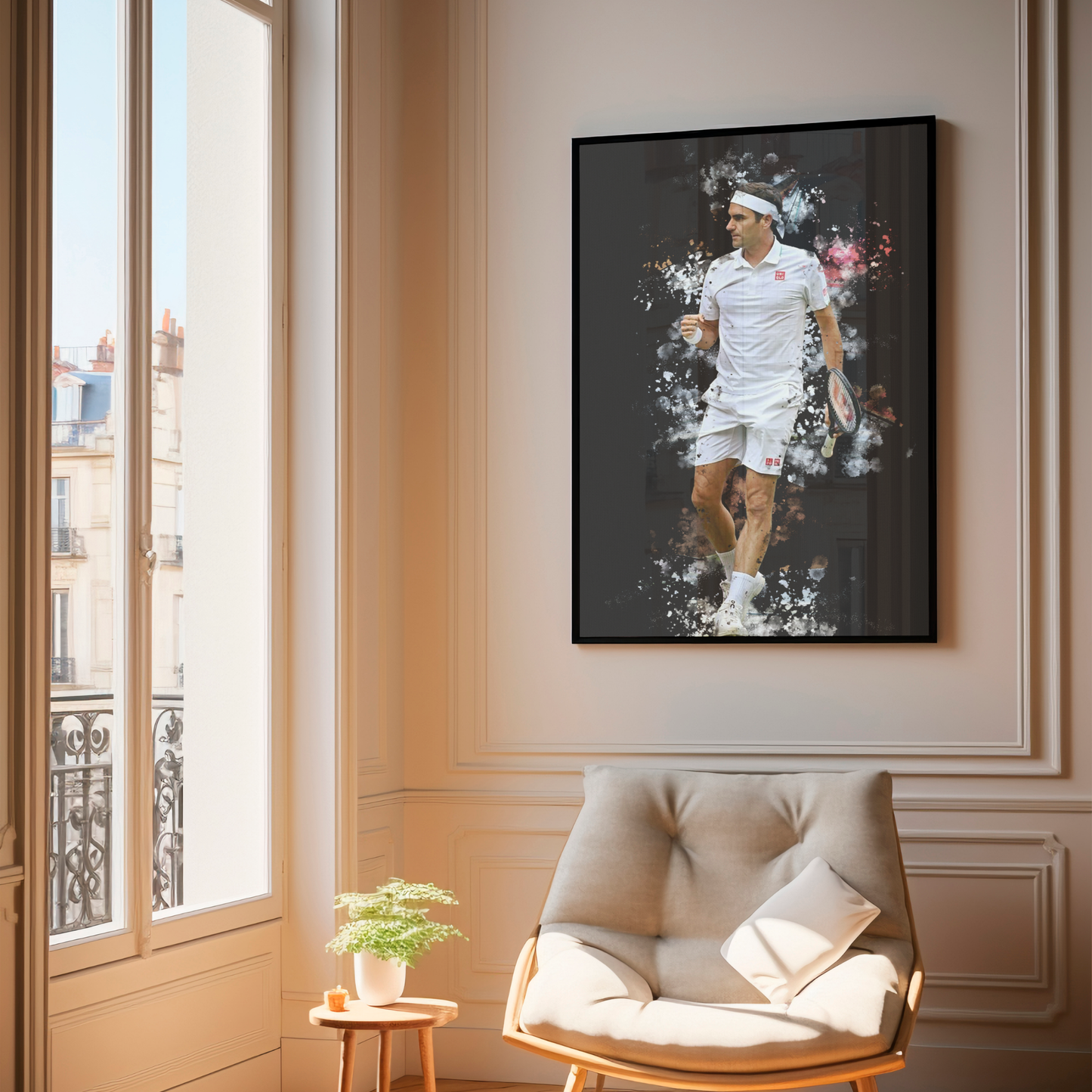 framed poster mockup of tennis player roger federer hanging in a living room