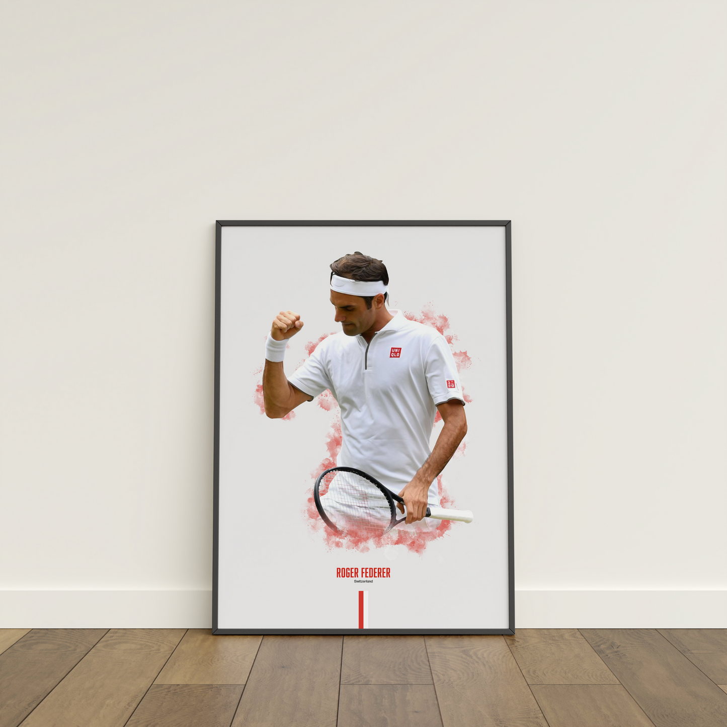 framed poster mockup of tennis player roger federer leaning on a white wall