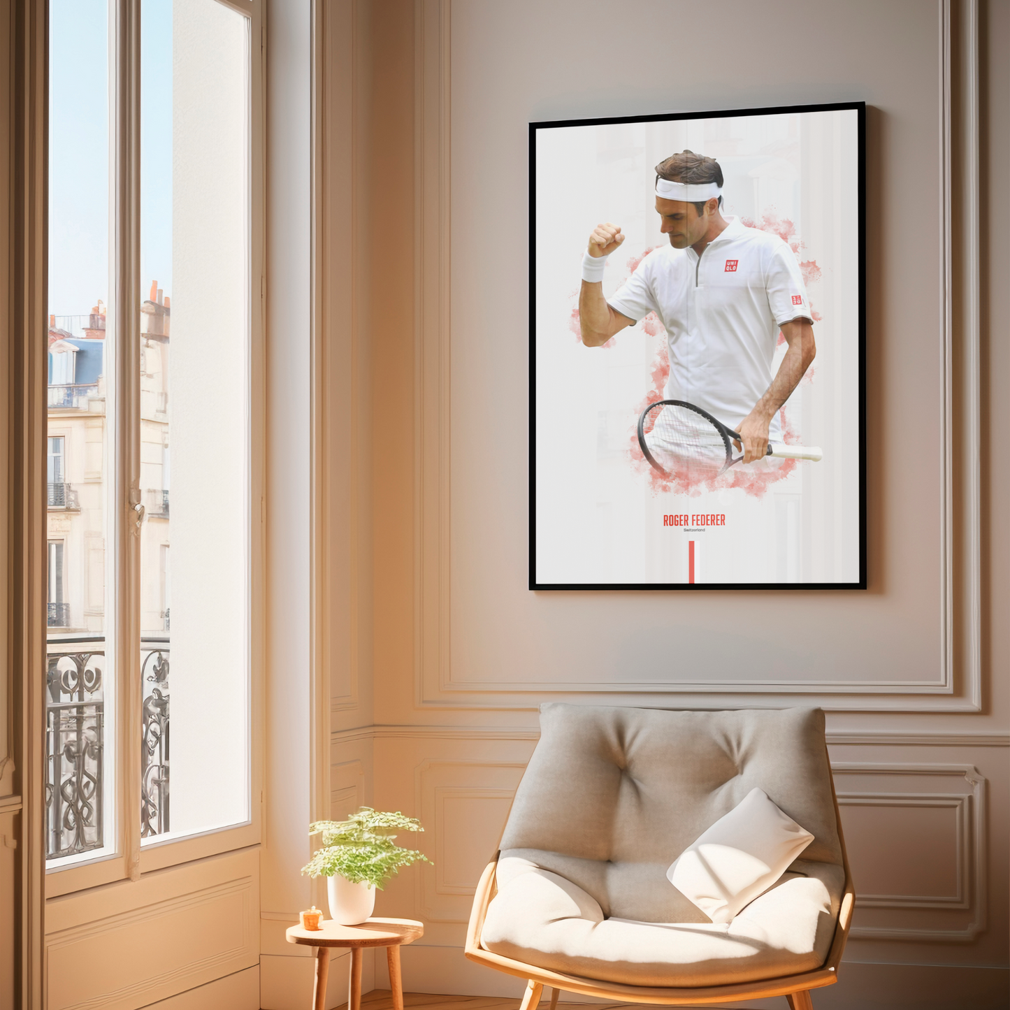 framed poster mockup of tennis player roger federer hanging in a living room