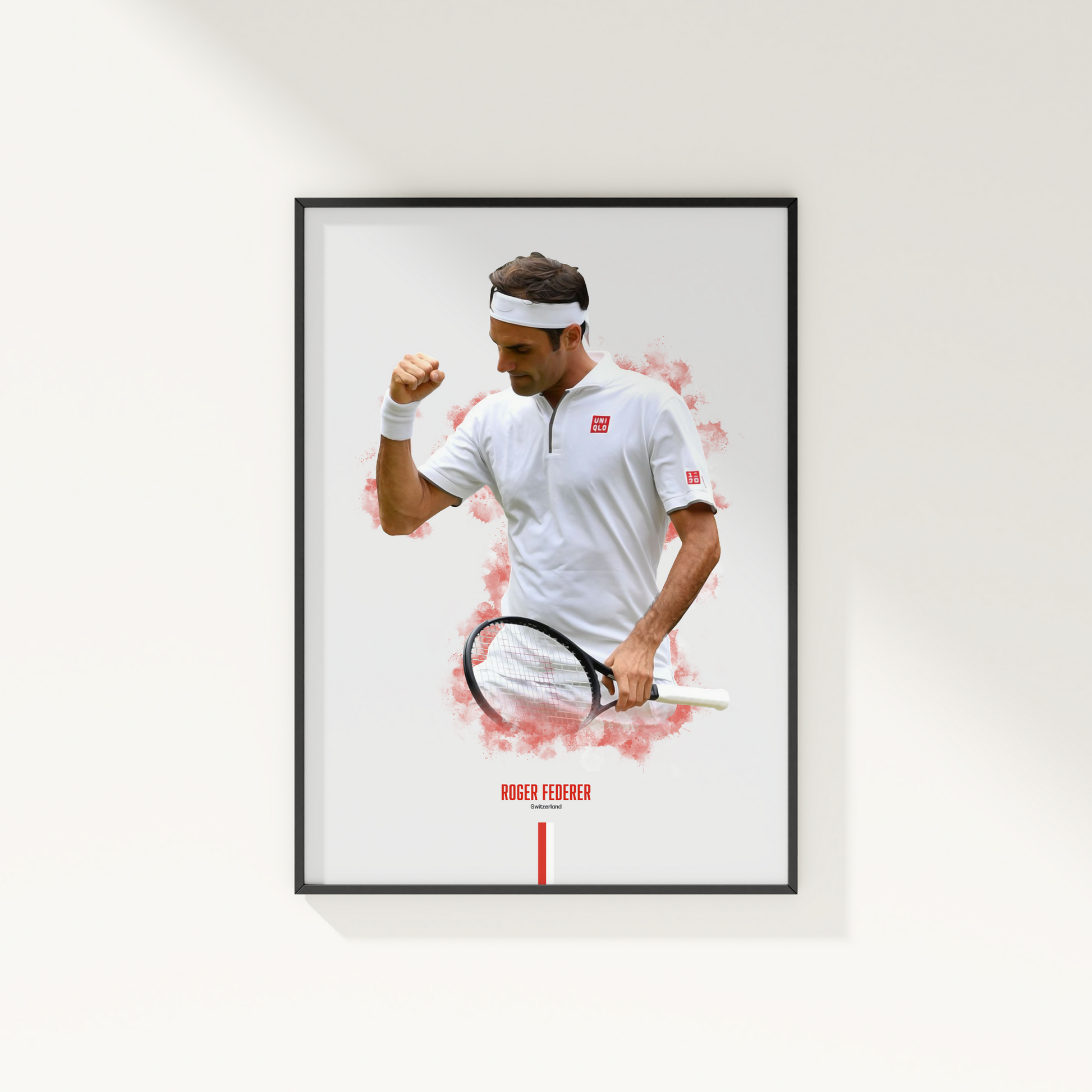 framed poster mockup of tennis player roger federer hanging on a white wall