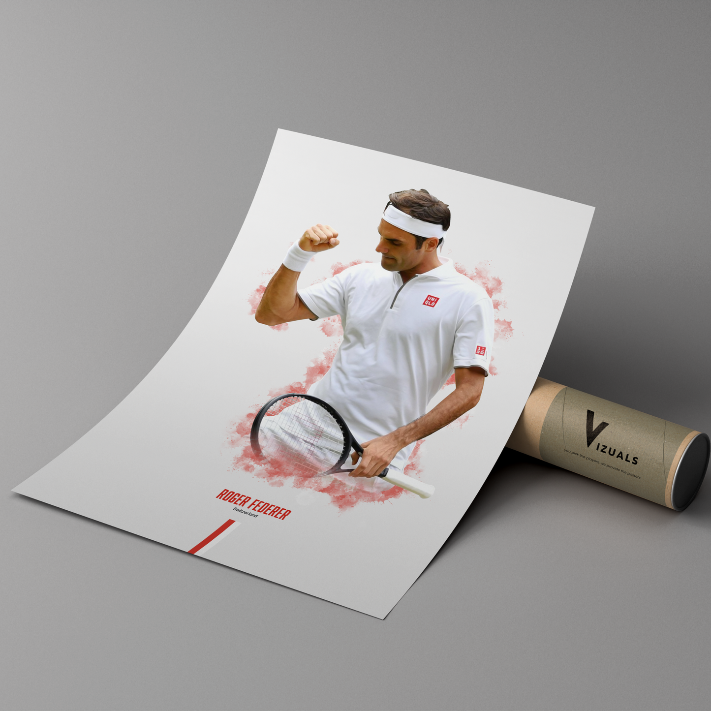 poster mockup of tennis player roger federer leaning on a cardboard tube