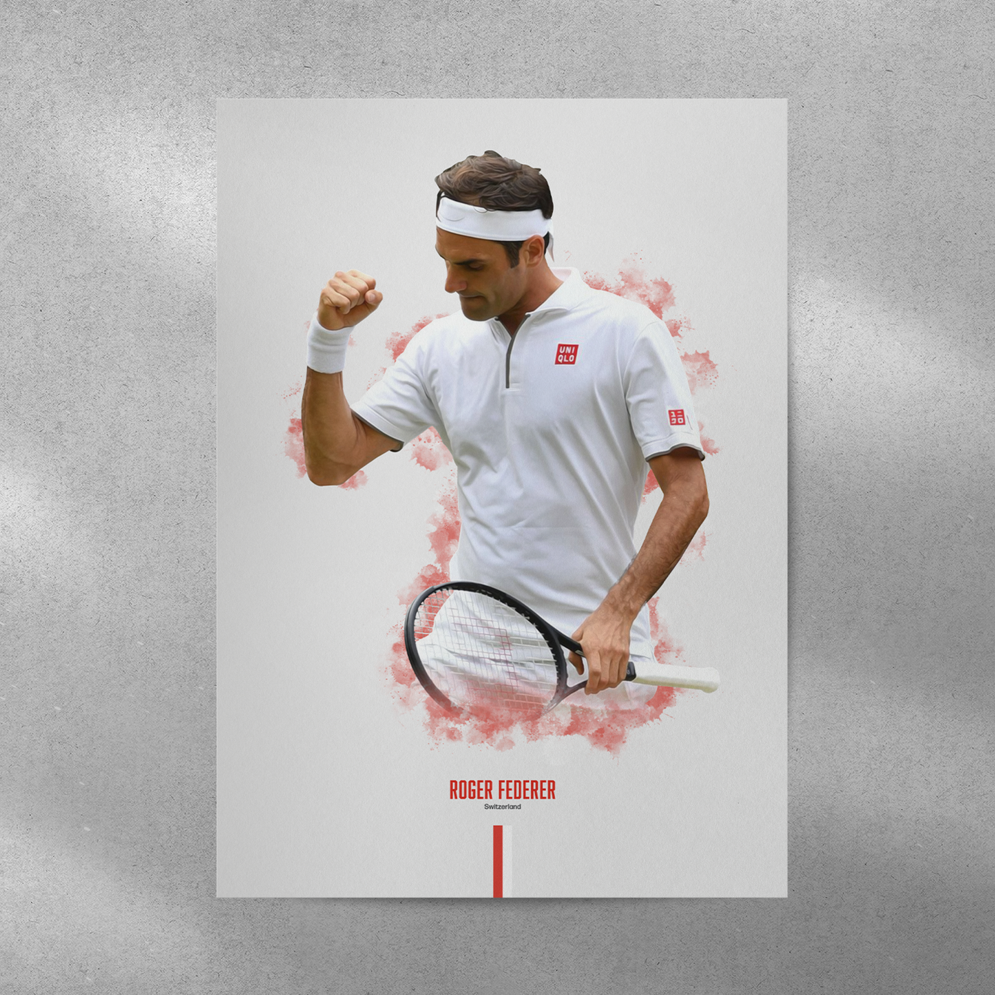 poster mockup of tennis player roger federer on a grey wall