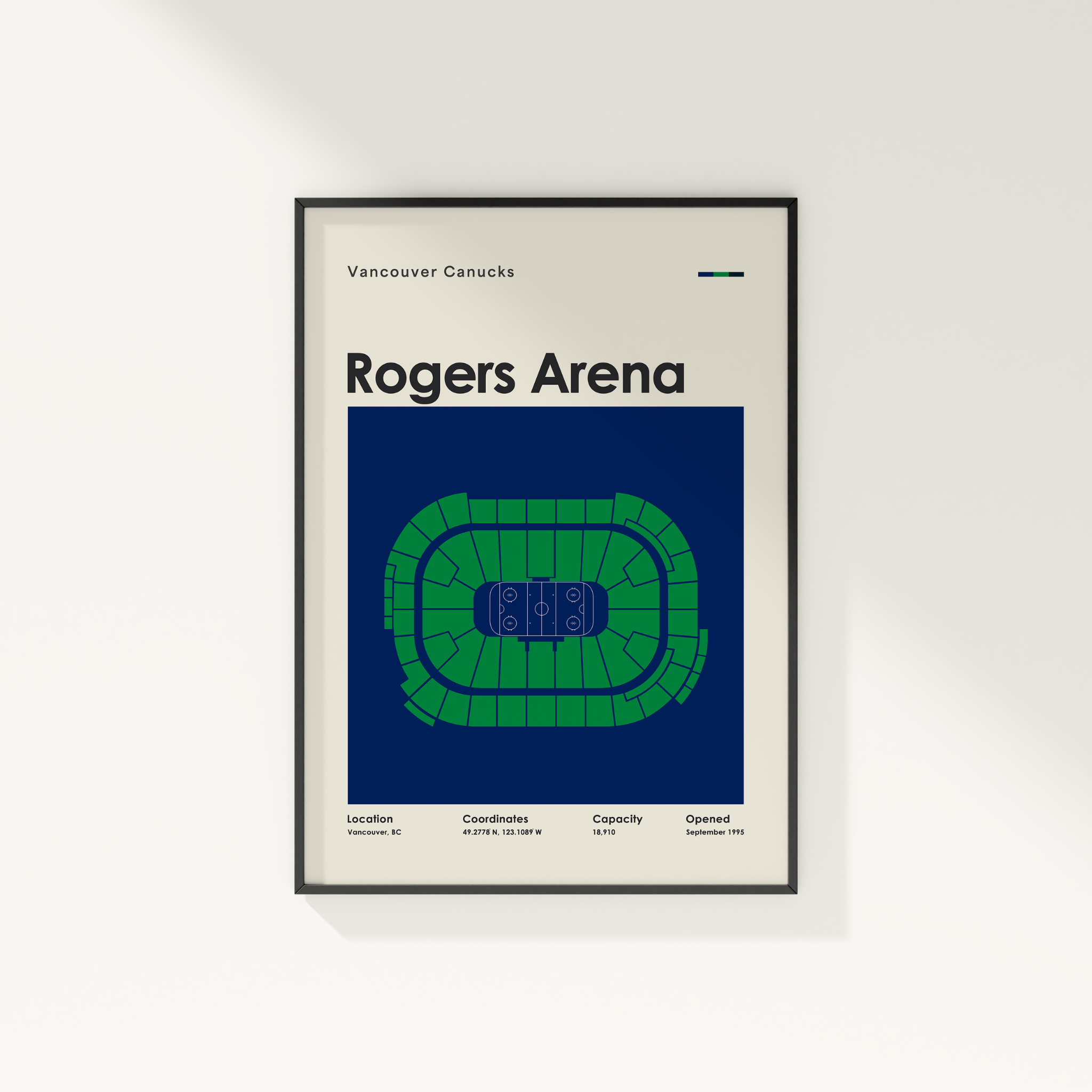 Framed poster of Rogers Arena layout with Vancouver Canucks text on a beige background