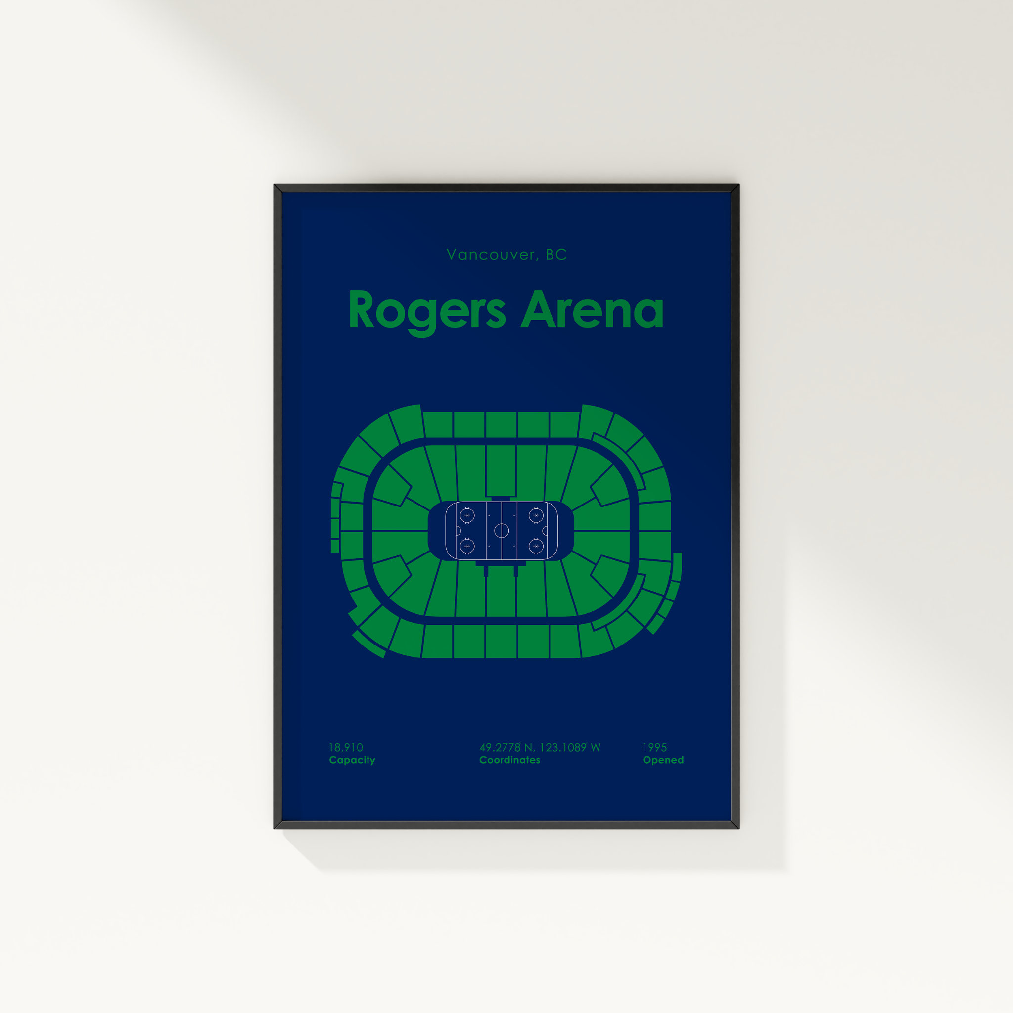 Framed poster of Rogers Arena layout with green seating chart on a blue background