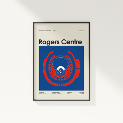 Framed poster of Rogers Centre with Toronto Blue Jays logo on a white wall