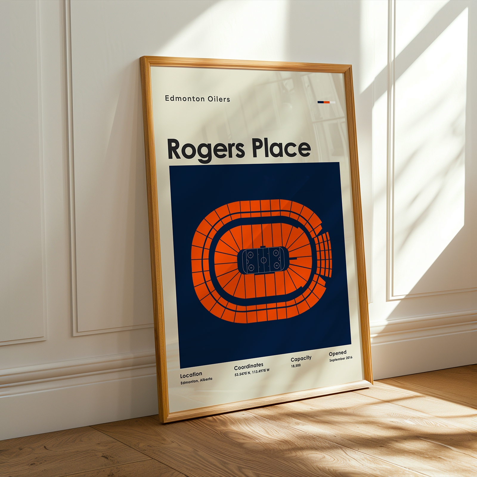 Framed poster of Rogers Place with Edmonton Oilers logo on a wall.