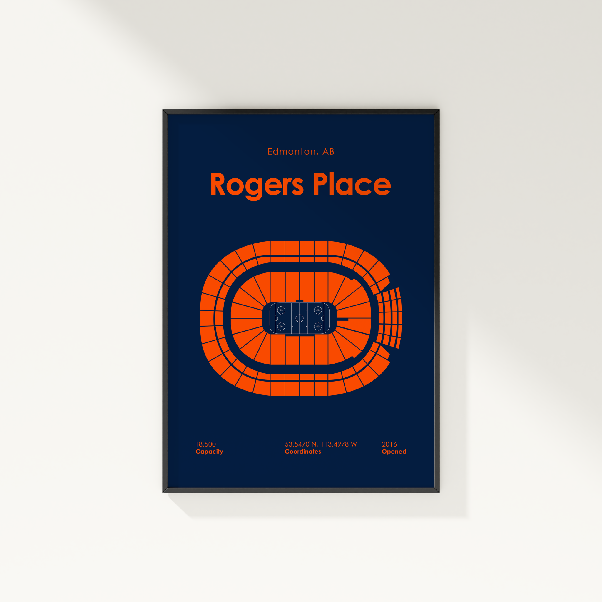 Framed poster of Rogers Place arena layout with orange design on a blue background