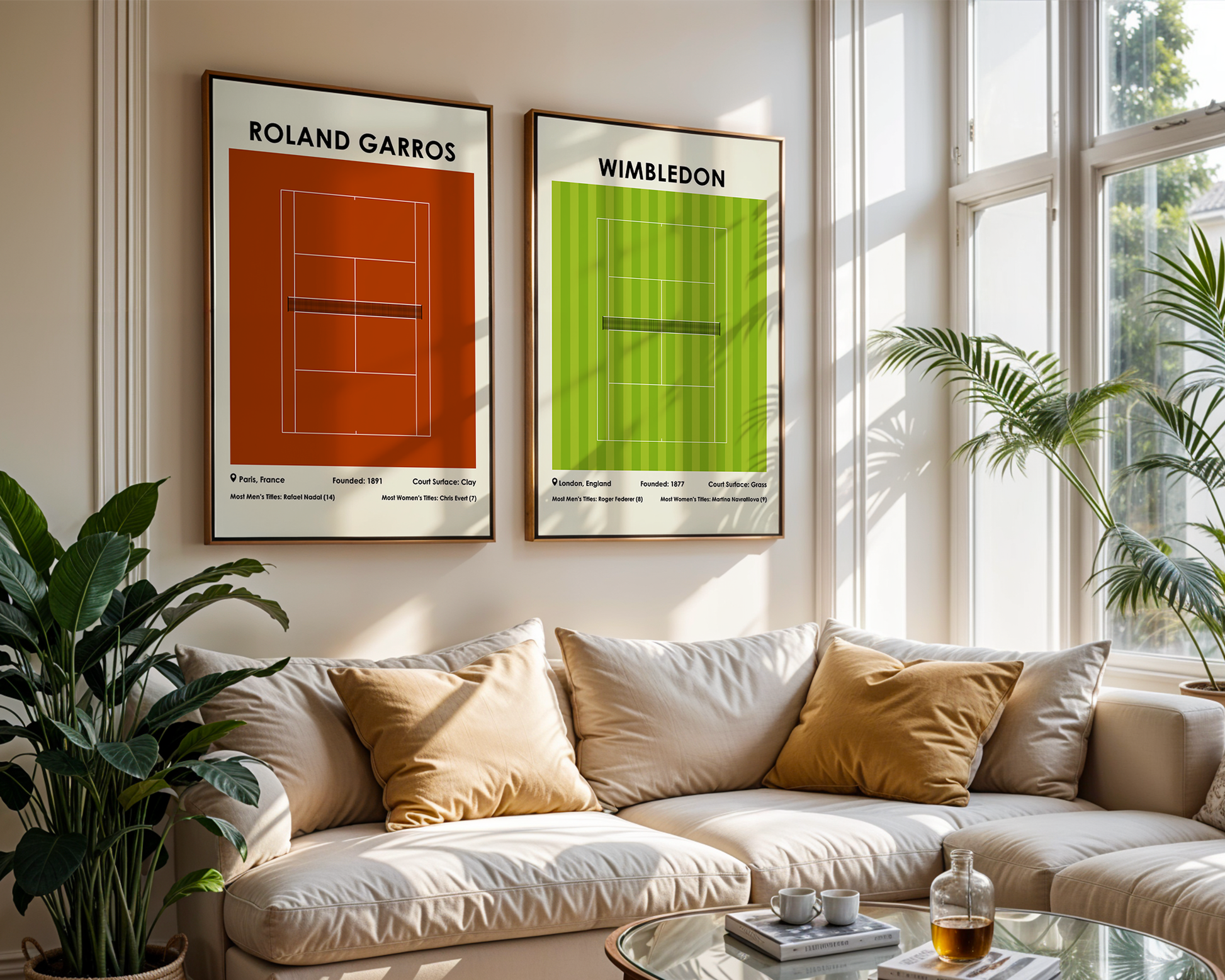 Living room with a beige sofa, decorative pillows, and framed tennis court posters on the wall.