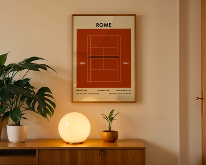 Framed poster of a tennis court labeled 'Rome' on a wall above a wooden cabinet with decorative items.