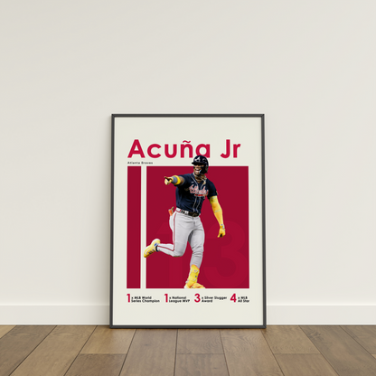 framed poster mockup of baseball player ronald acuna jr leaning on a white wall