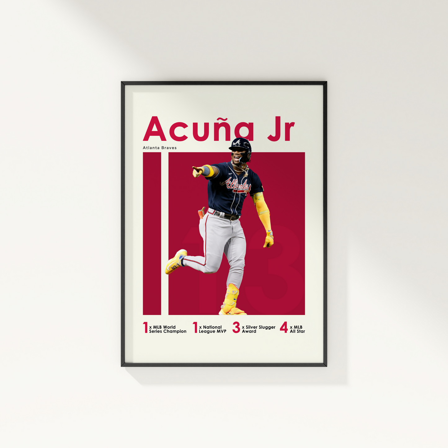 framed poster mockup of baseball player ronald acuna jr hanging on a white wall