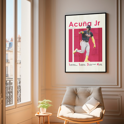 framed poster mockup of baseball player ronald acuna jr hanging in a living room