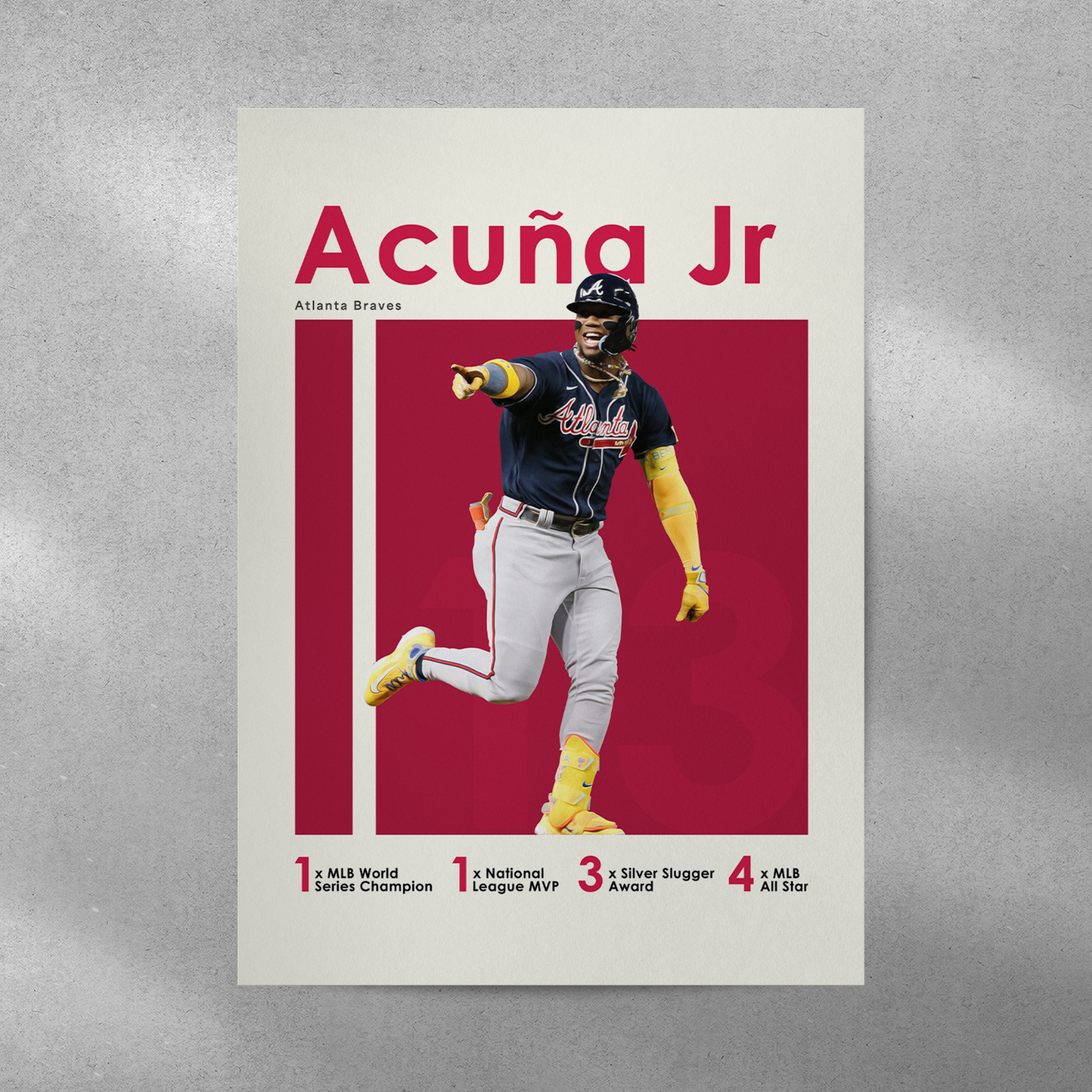 poster mockup of baseball player ronald acuna jr on a grey wall