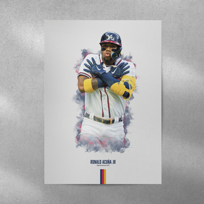 poster mockup of baseball player ronald acuna jr on a grey wall