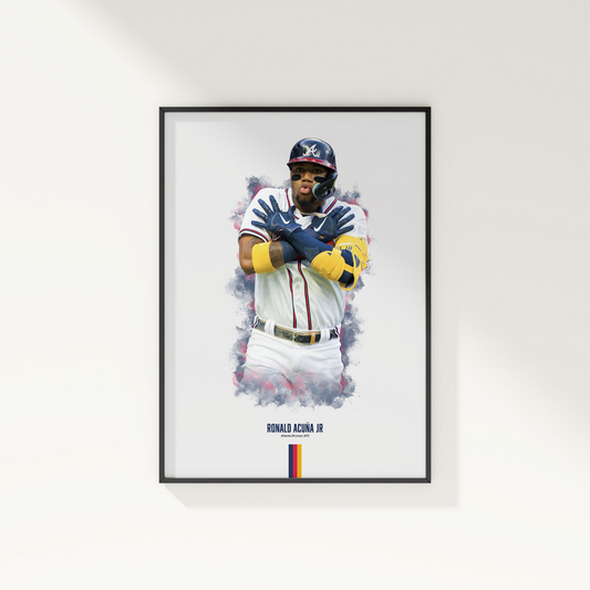 framed poster mockup of baseball player ronald acuna jr hanging on a white wall