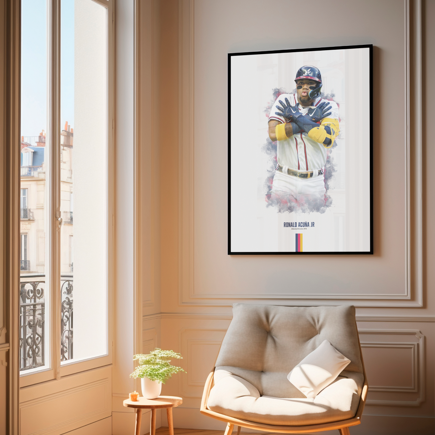 framed poster mockup of baseball player ronald acuna jr hanging in a living room