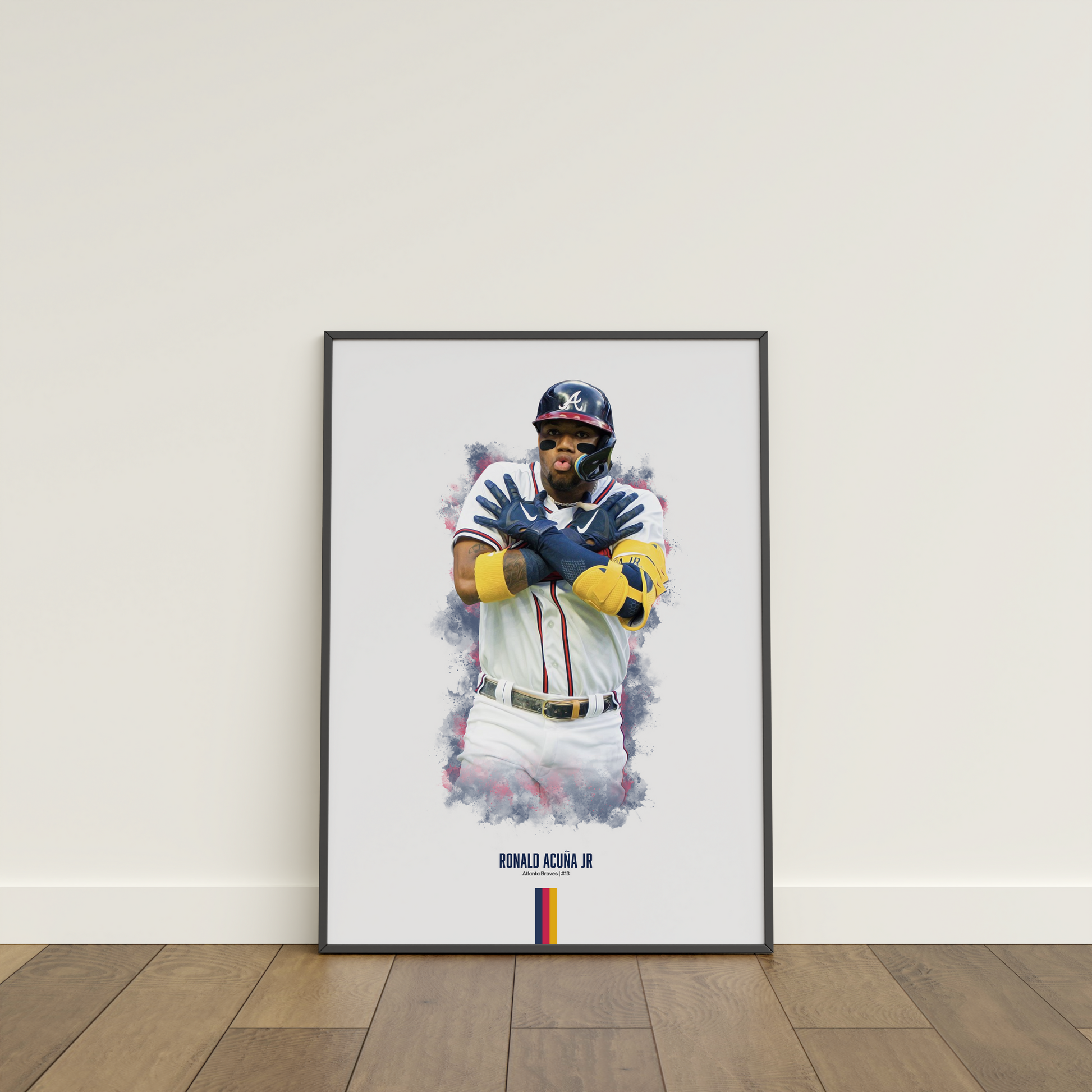 framed poster mockup of baseball player ronald acuna jr leaning on a white wall