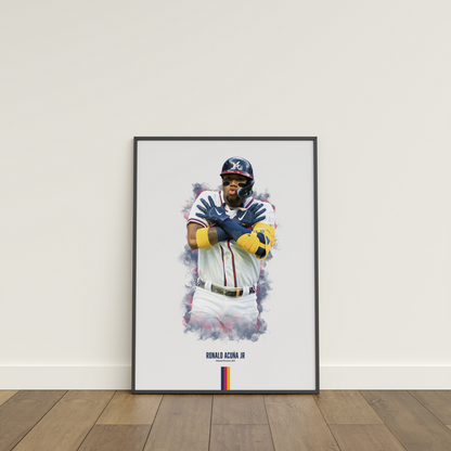 framed poster mockup of baseball player ronald acuna jr leaning on a white wall