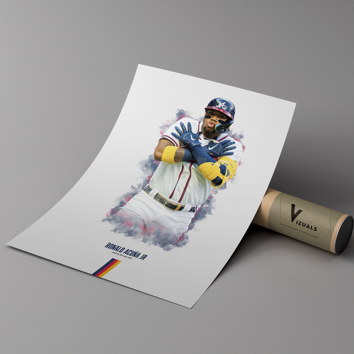 poster mockup of baseball player ronald acuna jr leaning on a cardboard tube