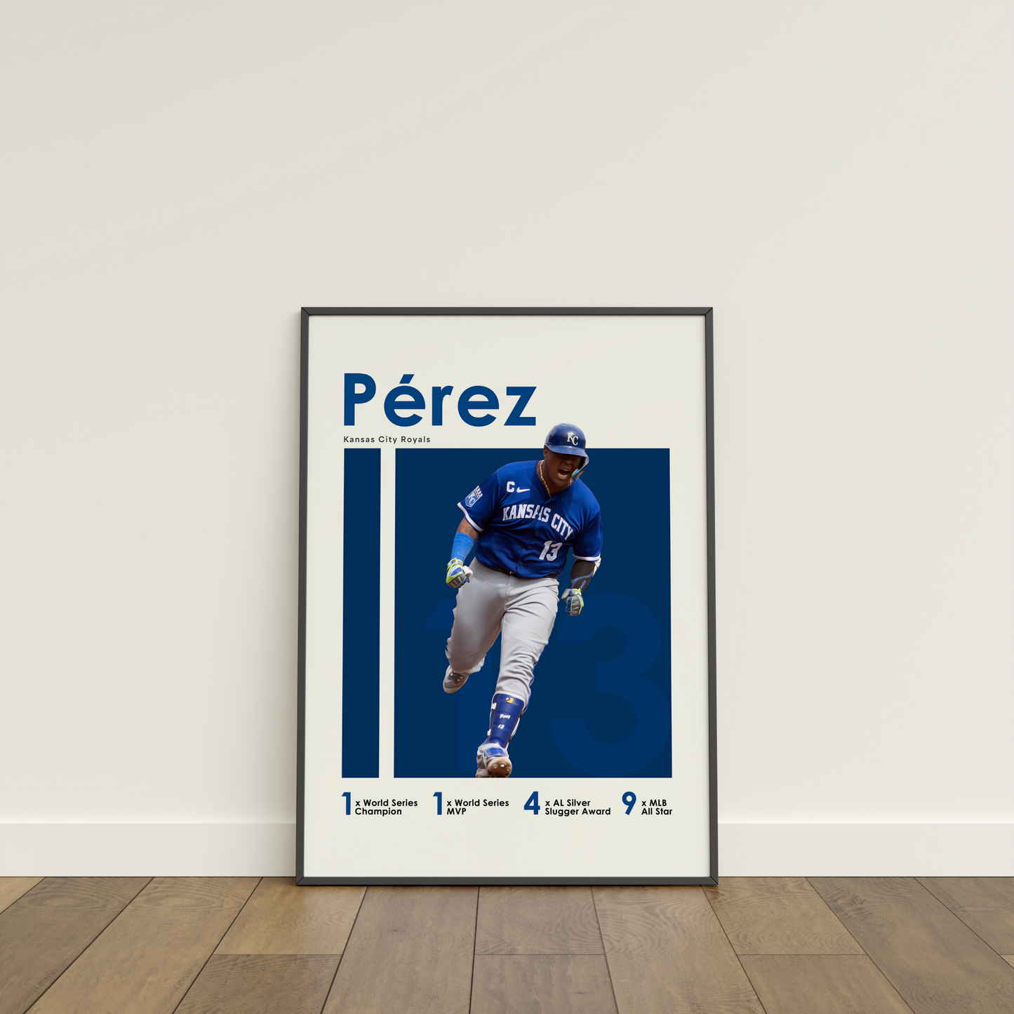 framed poster mockup of baseball player salvador perez leaning on a white wall