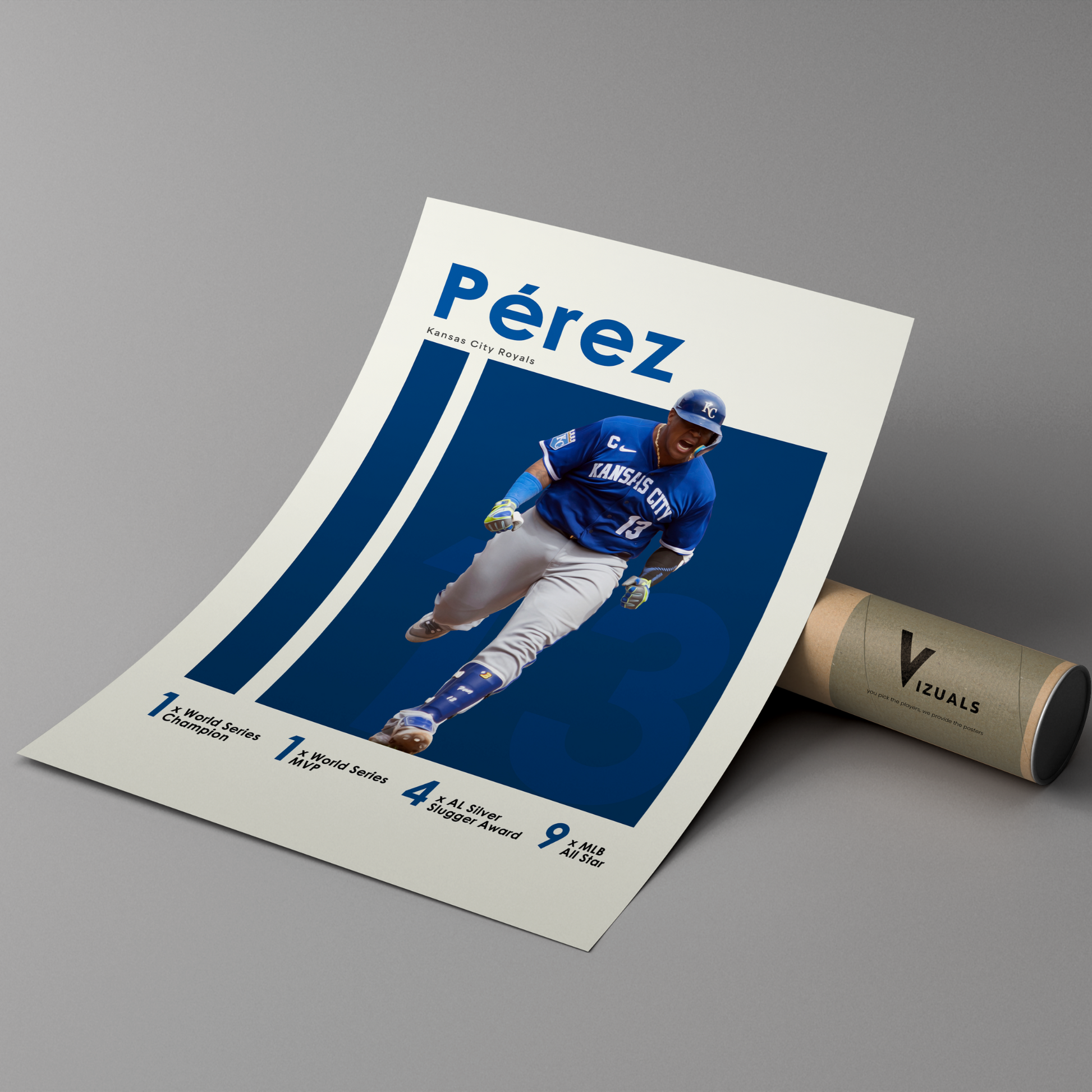 poster mockup of baseball player salvador perez leaning on a branded cardboard tube