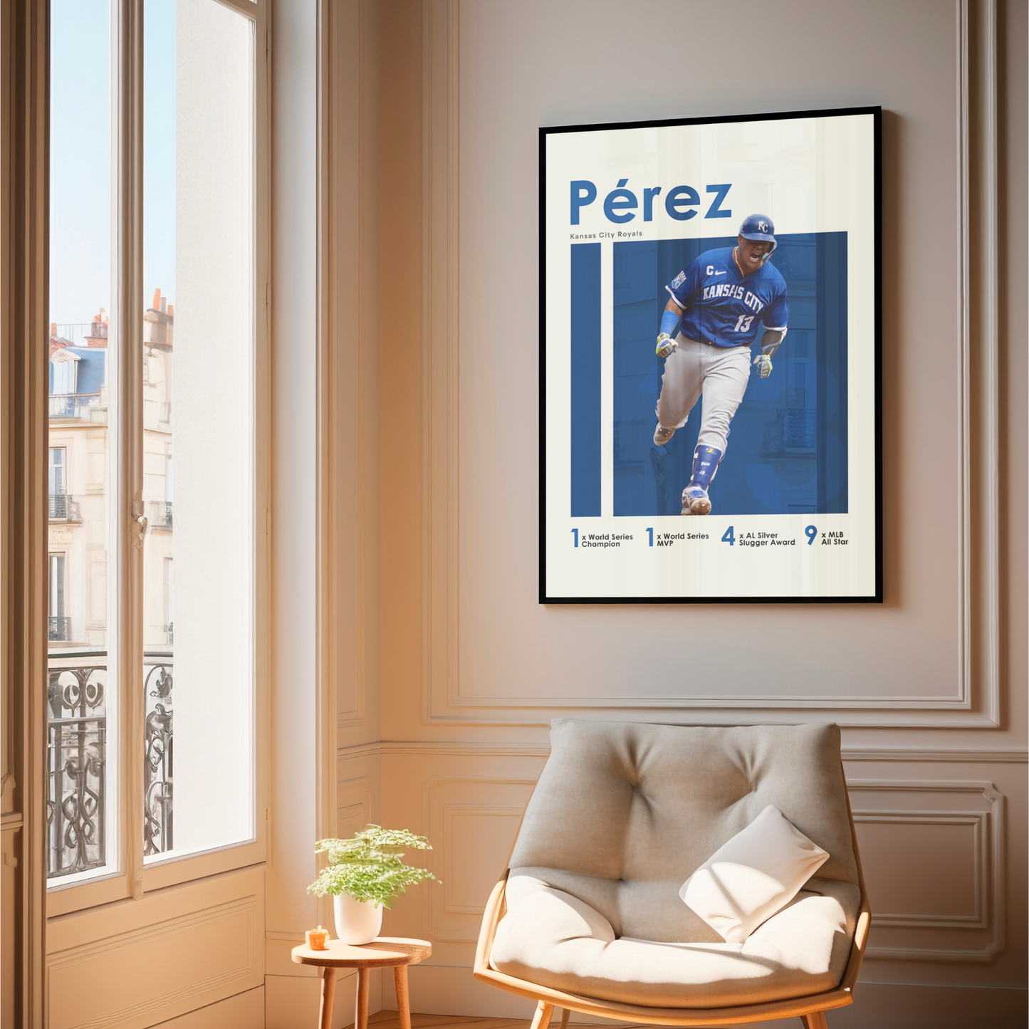 framed poster mockup of baseball player salvador perez hanging in a living room