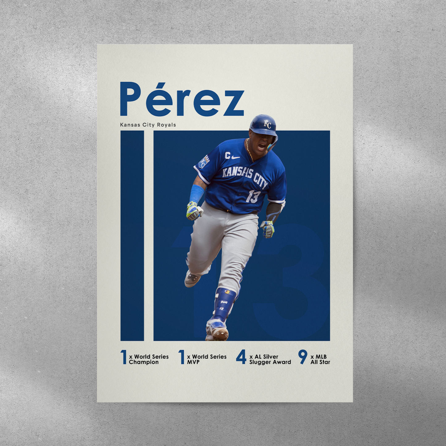 poster mockup of baseball player salvador perez on a grey wall