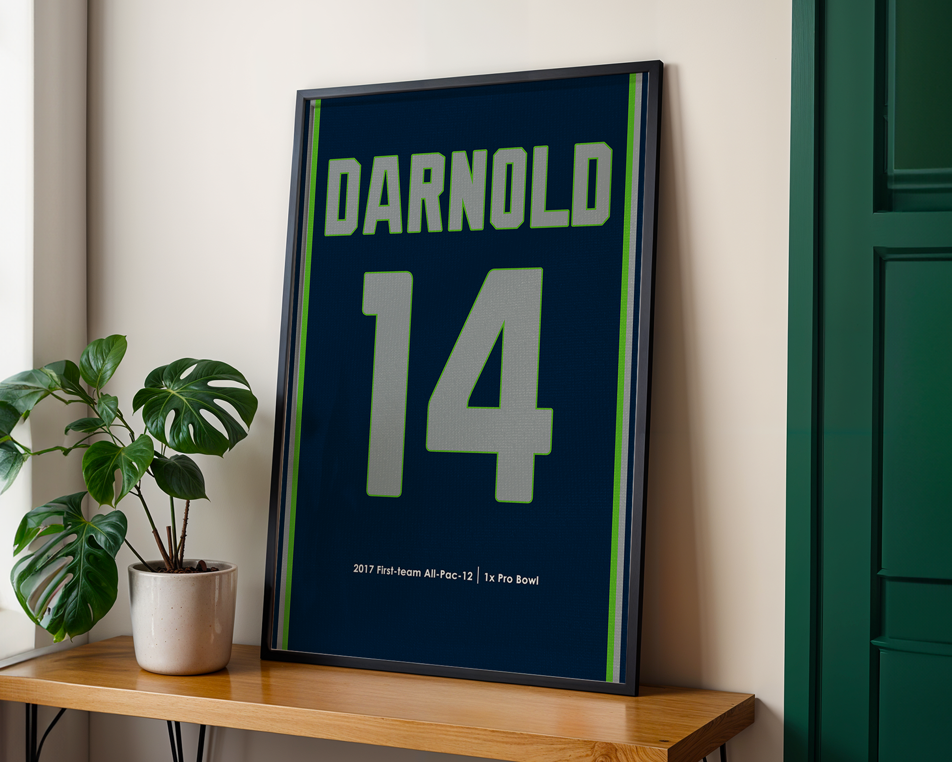 Framed sports jersey with 'Darnold' and number '14' on a wooden shelf.