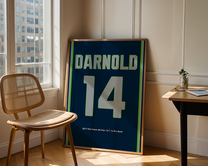 Framed sports jersey with 'Darnold 14' in a room with a window and chair.