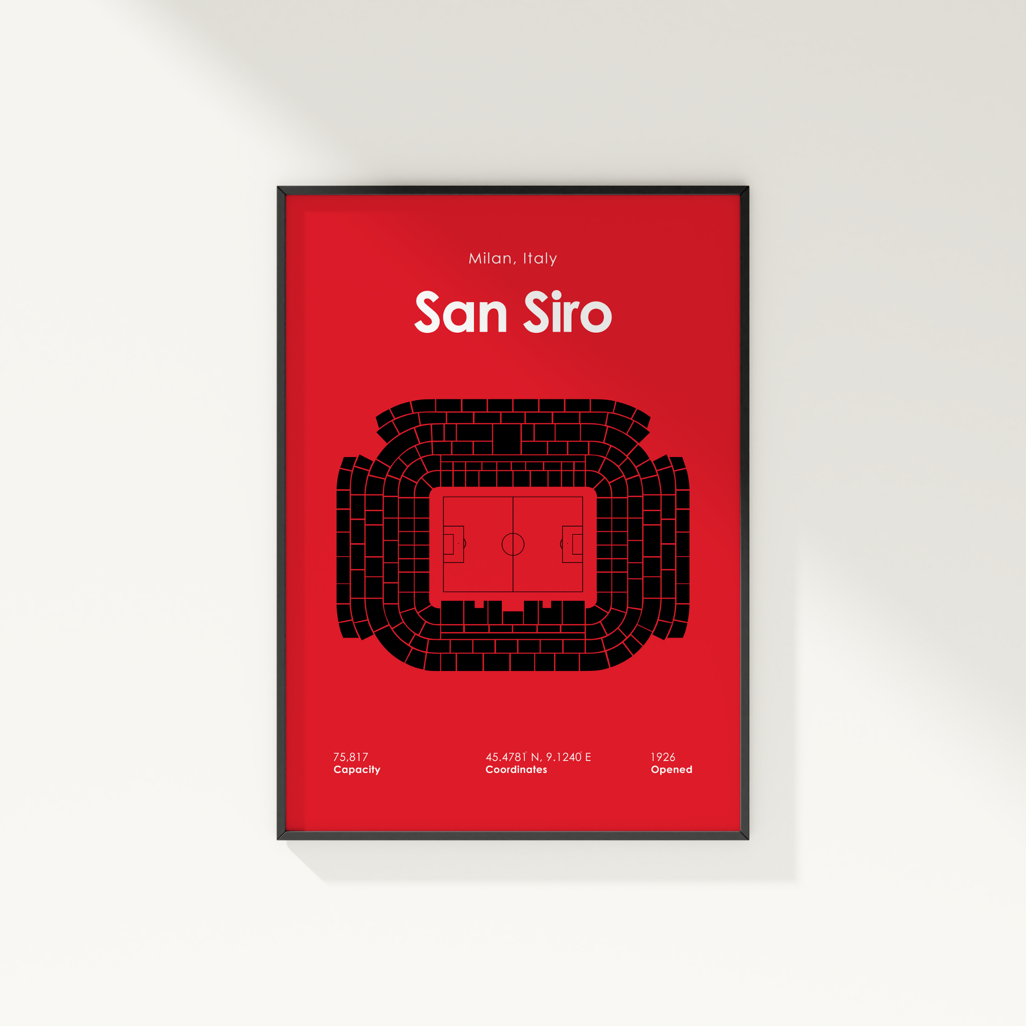 Framed poster of San Siro stadium layout on a red background