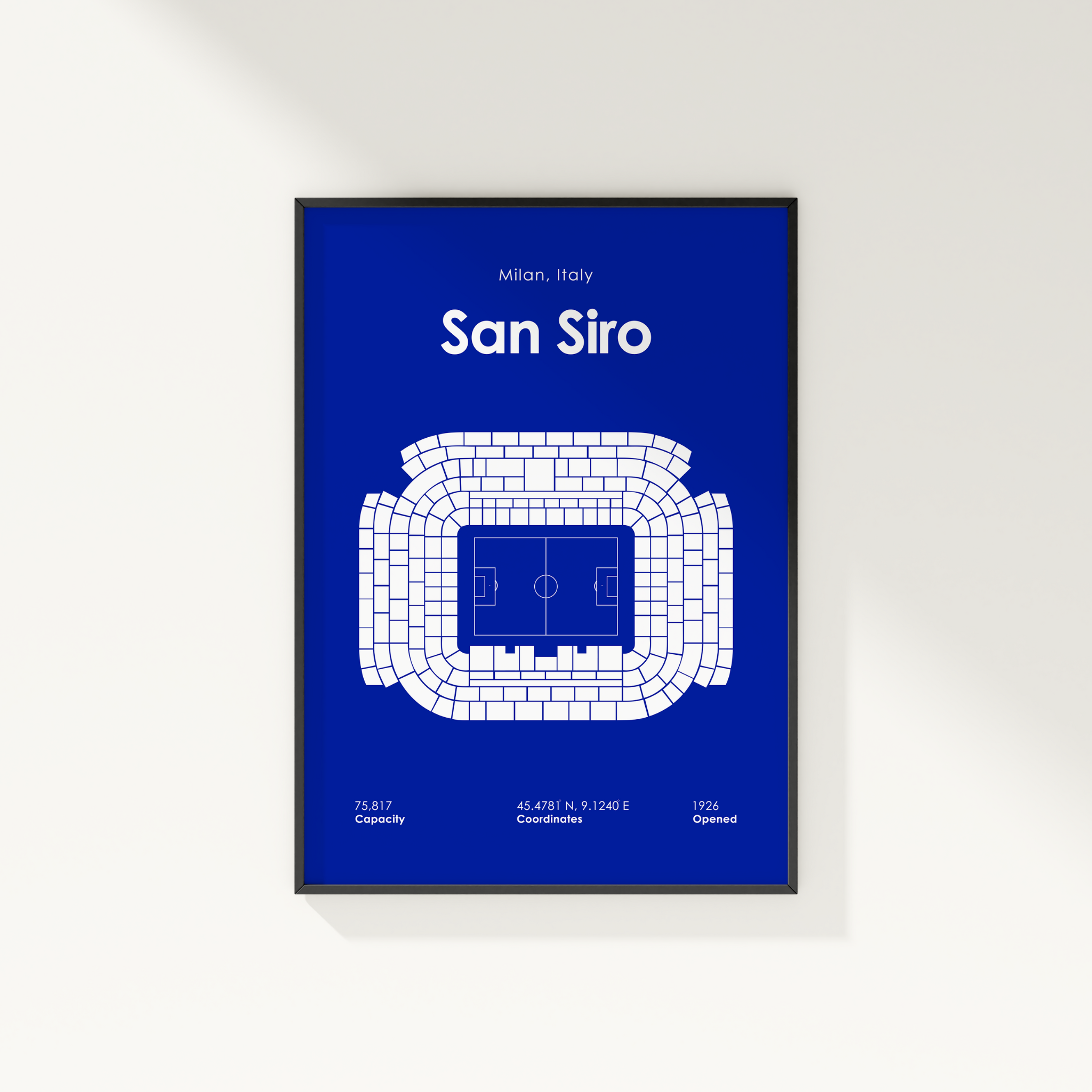 Framed poster of San Siro stadium layout on a blue background