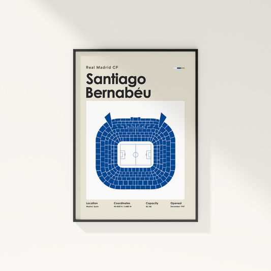Framed poster of Santiago Bernabéu stadium layout with Real Madrid CF text on a white wall.