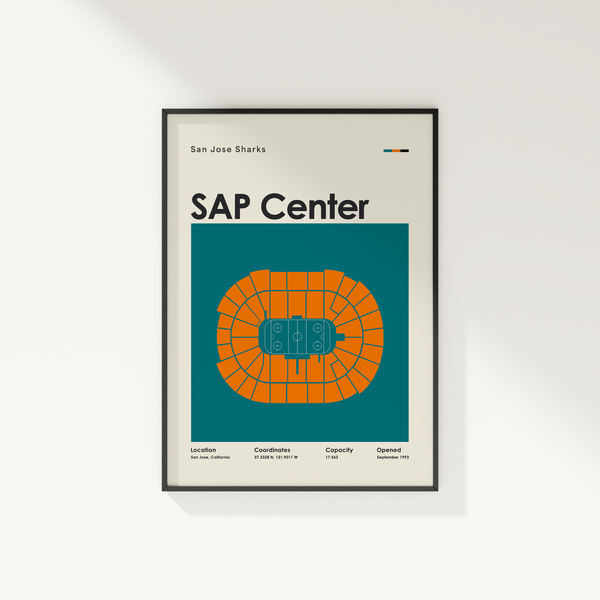 Framed poster of SAP Center with San Jose Sharks branding on a white wall.
